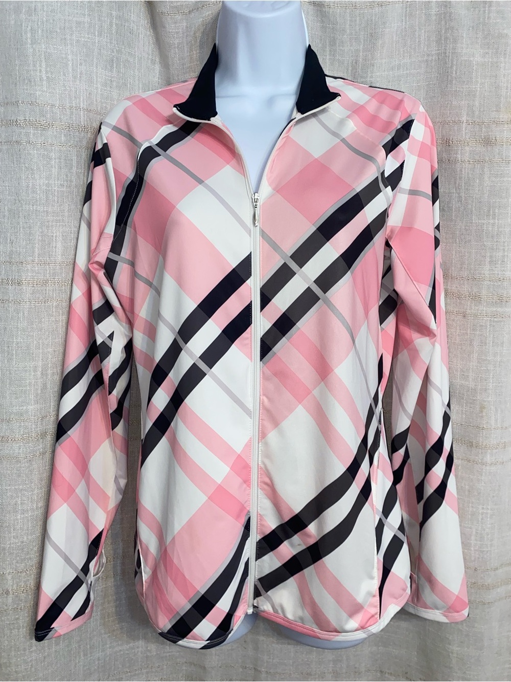 SanSoleil UV 50 Full Zip Plaid Golf Jacket Pink Black White Womens Small S